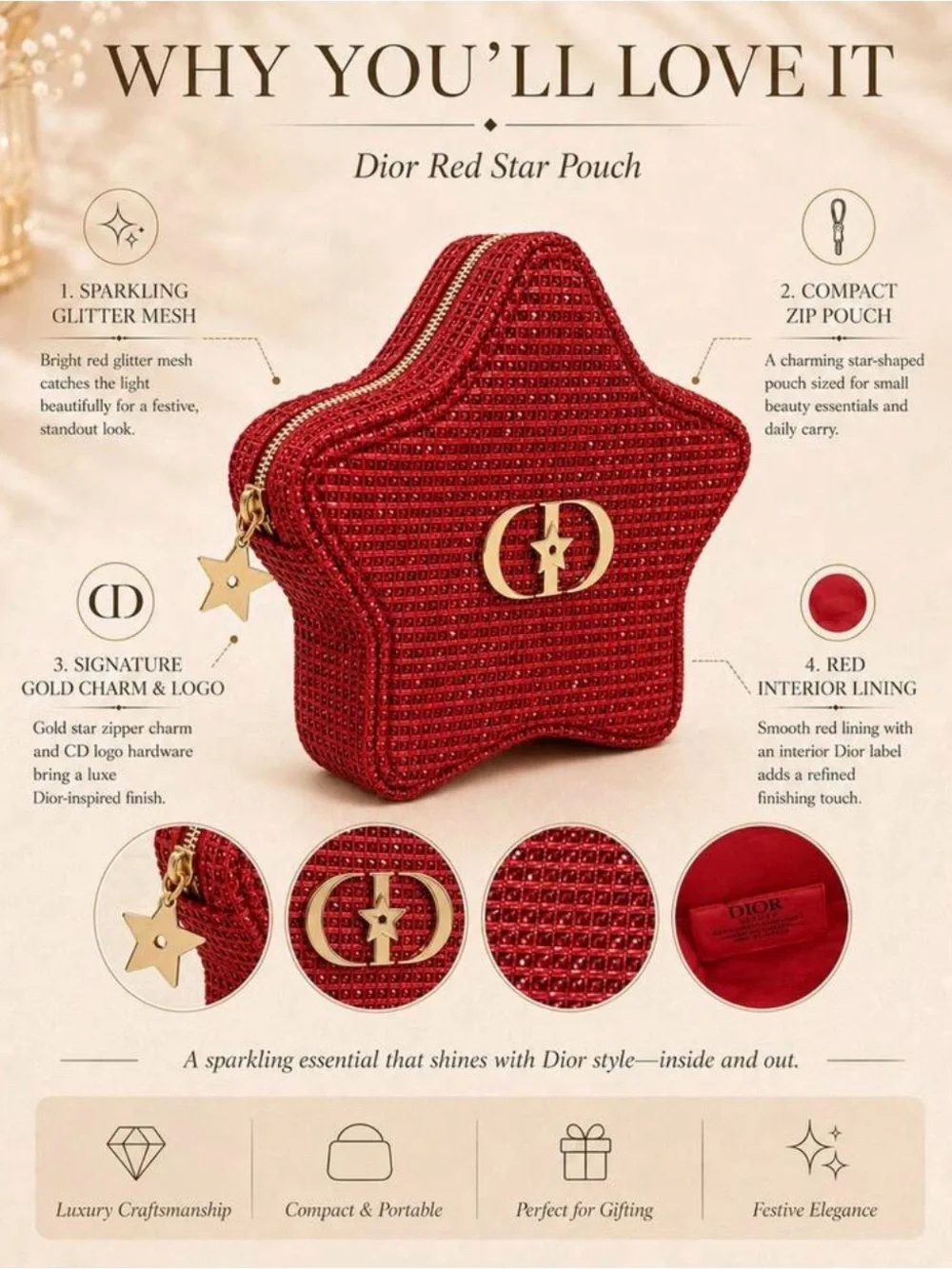NIB / GWP Dior Beauty Lunar New Year Gift Set - Red Star Pouch & Shopping Bag